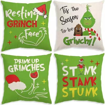 China 2022 Amazon Furniture Christmas Decoration Grinch Cartoon Digital Printed Polyester Cushion Cover Anti-Static Handmade Christmas Pillow Case for sale