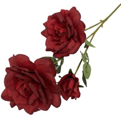 China Wedding Decoration Rose Flower Three Heads Wedding Decorations Blush Rose Bouquet Artificial rose for sale