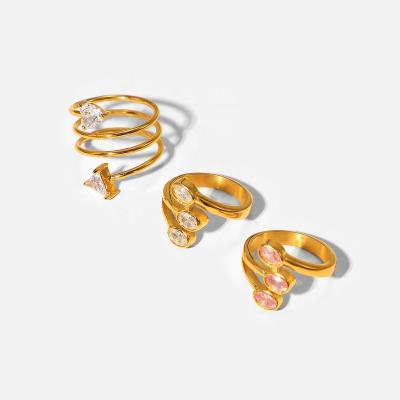 China Environmental Friendly Fashion 18K Gold Plated Spiral Zircon Ring Jewelry Stainless Steel Leaf Shape Pink Cubic Zircon Ring for sale