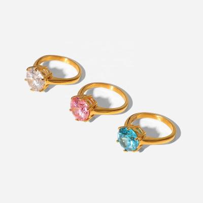 China 18k Gold Fashion Environmental Friendly Stainless Steel Ring Party Gift Round White Blue Pink Zircon Ring Ornament Women for sale