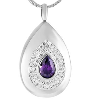 China New Design Romantic Crystal Teardrop Stainless Steel Cremation Holder Purple Ash Urn Memorial Jewelry for sale