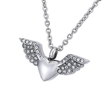 China Romantic Crystal Inlay Angel Wing With Heart Urn Pendants Neckalces For Ashes Keepsake Jewelry for sale