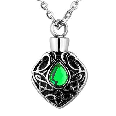 China Crystal Celtic Knot Teardrop Stainless Stone Cremation Stone Gift Urn Vintage Keepsake Green Steel Flower Pendant Cremation Stone Gift Urn for sale