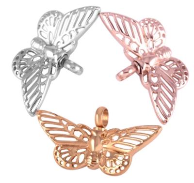 China Cute Charm Butterfly Hollow Cremation Urn Necklace For Pet Ash Holder Ashes Keepsake Pendant Stainless Steel Human Memorial Jewelry for sale