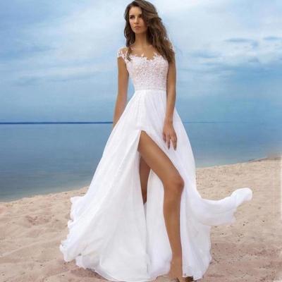 China Wholesale 6224#A Beach Cap Sleeve Sweep Train Chiffon Lace Chiffon Lace Backless Bridal Wedding Dress High Line Anti-Static Split Backless Lace Up Dress for sale