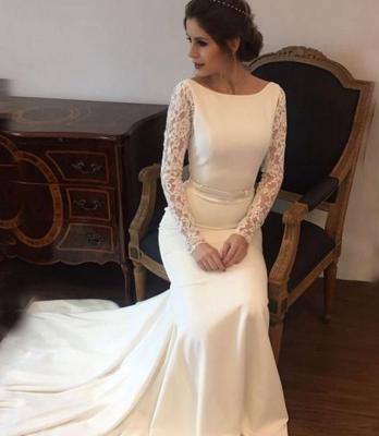 China Sexy Backless 6250#Boat Neck Satin Anti-Static Lace Up Long Sleeve Beauty Indonesia Sheath Wedding Dress Bridal Gown Mermaid for sale