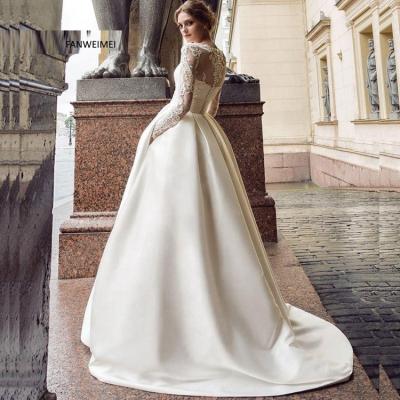 China #6257 White O-Neck Long Sleeve Lace Applique Anti-Static A Line Satin Illusion Long Tail Pleat Back Wedding Dress Sexy Bride Dress for sale