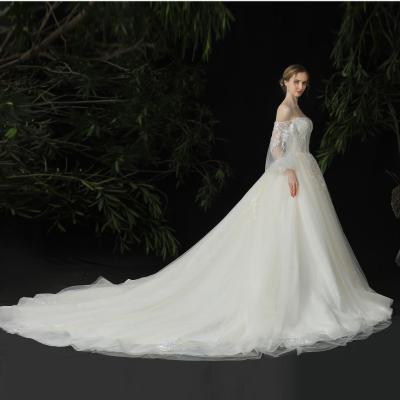 China FANWEIMEI#5258 Champagne Appliqued Lantern Off-Shoulder Sleeve Real Photo Ball Gown Wedding Dress Anti-Static Strapless Wedding Dress for sale