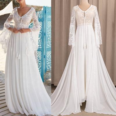 China 10028#Factory real photo sample price 10028#Factory backless wedding dress bohemian lace bohemian sleeve anti-static V neckline long for sale