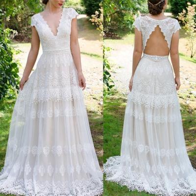 China 11163#V-Neck Cap Sleeve Wedding Dress Bohemian Beach Lace Backless Backless Bohemian Bridal Gown vestido de novia long gown for sale