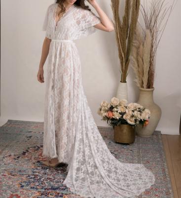 China 11171#Lace Backless V-Neckline Wedding Dress Cap Sleeve Beach Train Bohemian Bohemian Bridal Anti-Static Boho Wedding Dress Bridal for sale