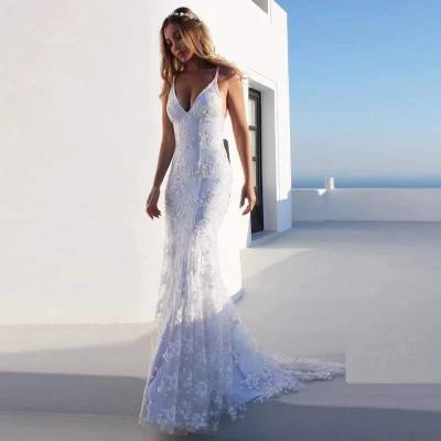 China 6006#Criss-Cross Sweep Train Bohemian V-Neckline Sleeveless Anti-Static Lace Sexy Spaghetti Strap Backless Sheath Wedding Dress Bridal Gown for sale