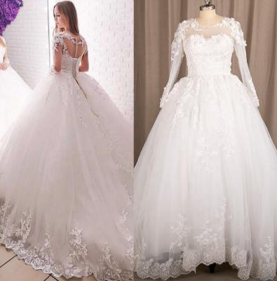 China 7251#Puffy 100% Anti-Static Real Photos Illusion O-Neck Lace Up Long Sleeve Applique Sequined Princess Ball Gown Wedding Quinceanera Dresses for sale