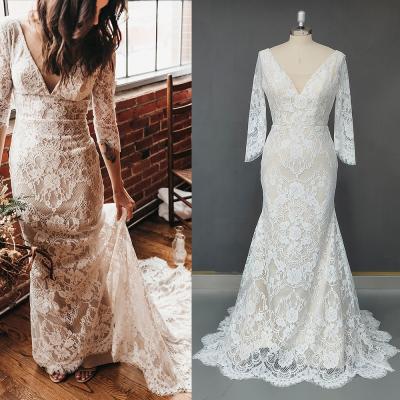 China #10331 Mermaid Wedding Dress V-Neck Backless Romantic Bohemian Bohemian Half Train Anti-Static Sleeve Lace Up Bridal Photoshoot Dress Custom Made for sale