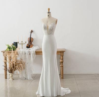 China #French 11363 2021 Sleeveless Spaghetti Strap V-Neckline Sweep Train Elegant Trumpet Backless Satin Wedding Dress Spaghetti Strap Bridal Gowns for sale