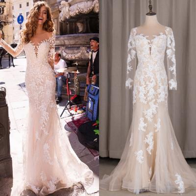 China FANWEIMEI #5121 Long sleeve illusion lace mermaid field train anti-static romantic sheer back wedding dress wedding dress plus size in stock for sale