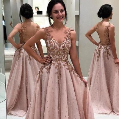 China 6656#A Sweep Train Anti-Static Line Blush Pink Plus Size Puffy Pleating Pearl Beading Sequined Applique Evening Dress Backless Formal Dress for sale