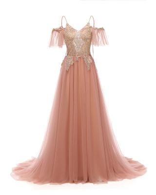 China Popular Anti-Static Fashion Princess Pink Off-Shoulder Prom Dresses Lace Up Evening Dress Women for sale