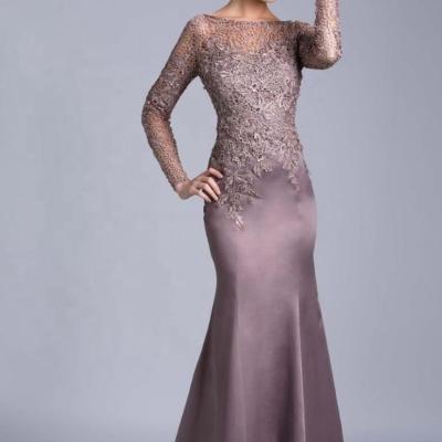 China Breathable Soft Satin Mermaid Lace Sexy 6709#Boat Neck Indian Beaded Long Sleeves Dresses Mother Of The Bride Dresses For Wedding for sale