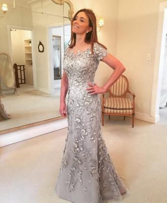 China 6703#O-Neck Gray Color Beading Sequined Beading Lace Mermaid Chinese Wedding Dress Mother Of The Bride Evening Dresses for sale