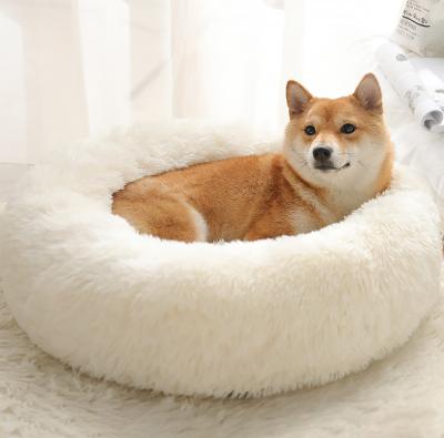 China Travel 40Cm Medium Size Faux Fur Pet Plush Donut Cuddler Round Pet Bed For Dogs And Cats for sale