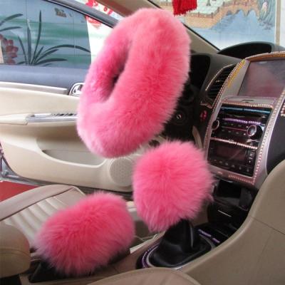 China Brief & Universal Single Color Steering Wheel Plush Car Winter Fur Hand Brake Gear Cover Set Car Accessories Faux Fur Car Accessories for sale