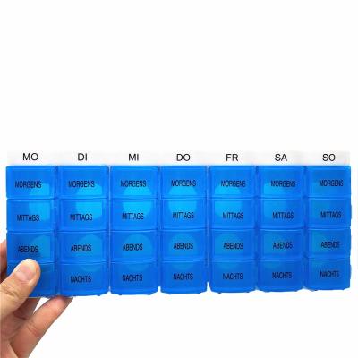 China Hot Sale Plastic Weekly Pill Organizer Plastic Medicine Storage Dispenser 7 Days Pill Box 28 Compartments For Home Travel for sale