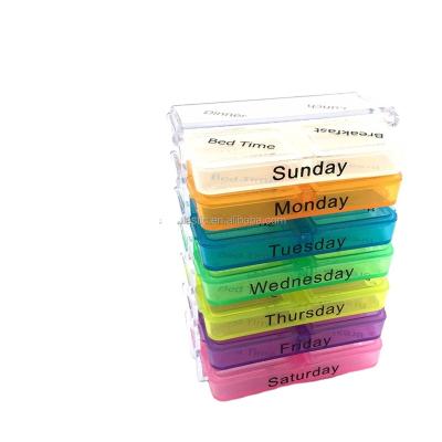 China Plastic Colorful Weekly 4 Times A Day Pill Box Household Pill Organizer With Design Suction 28 Compartments Pill Box for sale