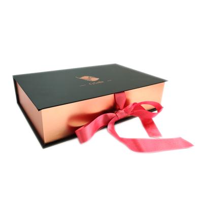 China Recycled Luxury Custom Rose Gold Book Shape Box Logo Ribbon Gift Packaging Box With Materials for sale