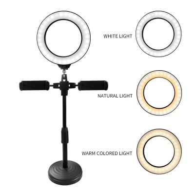 China 2020 Professional ABS Plastic Adjustable 180 Degree Table Ring Light with Tripod Stand and 2 Phone Holders for sale