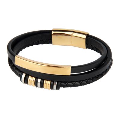 China FASHIONABLE Beaded Multilayer Jewelry Mirror 316L Gold Stainless Steel High Quality Leather Bracelet for sale