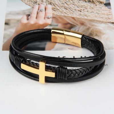 China FASHIONABLE High End Men's Hand Ornaments Cowhide Multilayer Braided Rope Cross Stainless Steel Gold Bracelet for sale