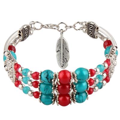 China Plastic + alloy + female Tibetan silver bracelet European and American retro bohemian beaded new antique silver bracelet accessories hot-selling jewelry for sale