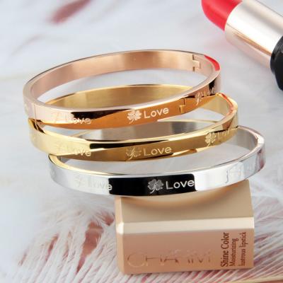 China Exquisite LOVE 316L Stainless Steel Bracelet Women Clover Pattern Gold Titanium Steel Bracelet Vintage Gift for sale