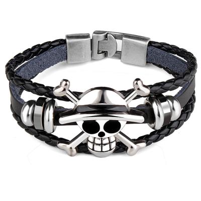 China Leather+stainless steel tide men's casual punk PU bracelet+alloy leather ghost leather bracelet pirate for sale