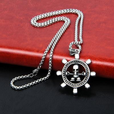 China Personalized Men's Rudder Skull Stainless Steel Necklace Punk Titanium Steel Sailor Long Necklace for sale