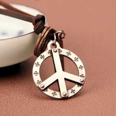 China Cheap Simple Casual Men's Peace Sign Leather Rope Necklace Gift Accessories Environmentally Friendly for sale