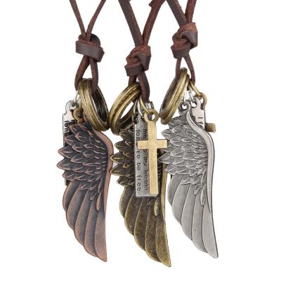 China Alloy + Leather Collar Girl Casual Long Section Vintage Wings Feather Pendant Leather Collar for sale