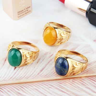 China Vintage Atmosphere High Quality 18K Gold Party Jewelry Exaggerated Unisex Flower Inlaid Gemstone Green Agate Stainless Steel Ring for sale