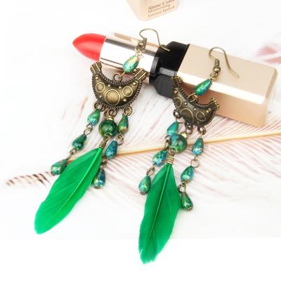 China Copper Alloy+Plastic+Hanging Bohemian Hot Indian Earrings Ladies Feather Beads Vintage National Bronze Style Long Earrings for sale