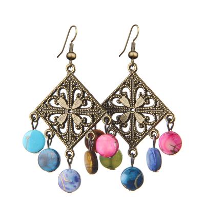 China Bronze Alloy + Plastic Vintage National Style Bronze Square Hanging Beads Ladies Earrings Bohemian Earrings for sale