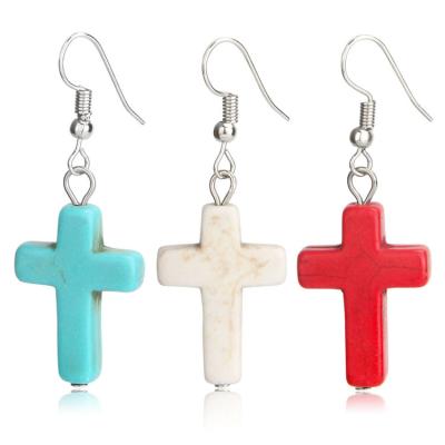 China Ethnic Simple Stone Dangle Earrings Trend Retro European And American Turquoise Cross Earrings for sale