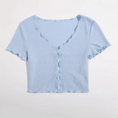 China OEM&ODM QUICK DRY Girl's Sweater Crop Top Buttoned Front Lettuce Trim Rib-Knit Tee for sale