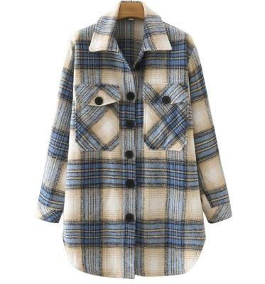 China New Product Ladies Plaid Plaid Shirt Jacket Classic Lapel Tartan Printing Flap Pocket Overcoat for sale