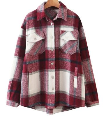 China Women Breathable Multicolor Tweed Style Polyester Plaid Flap Pocket Preppy Overshirt Jacket for sale