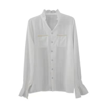 China Elegant Causal Women Anti-pilling Button Front Frill Trim V-Neckline Shirt and Blouse Ladies for sale