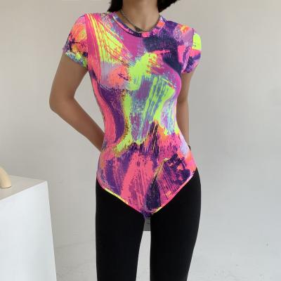 China Summer fashion anti-pilling casual tie dye printing short sleeve o neck one-piece top overalls for sale