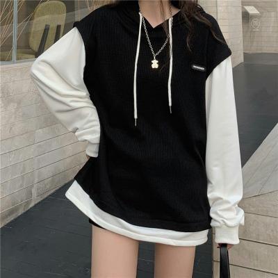 China Women Hot Sale Anti-Wrinkle Hip Hop Patchwork Drawstring Waffle Hoodie And Sweatshirt Dress for sale