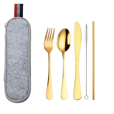 China Rainbow Viable Stainless Steel Dinnerware Sets Camping Dinnerware Set Travel Dinnerware with Straw Cutlery Kit Brush Cutlery Bag Portable for sale