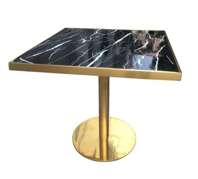 China Traditional Popular Design Shinny Brass Gold Stainless Steel Base Black Restaurant Bistros Square Dining Table Marble Top Furniture for sale